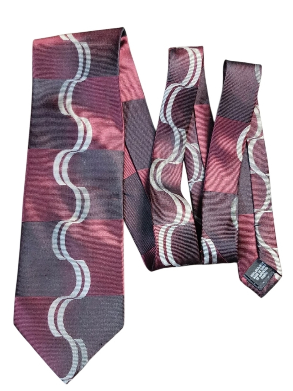 VINTAGE BILL BLASS Silk Tie Burgundy Gray Wave Pattern Classic Designer Necktie